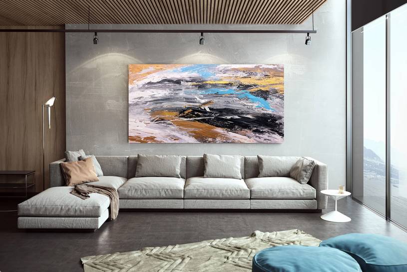 Gold Hand-painted Leaf Abstract Canvas Artwork for Office Y0GW6